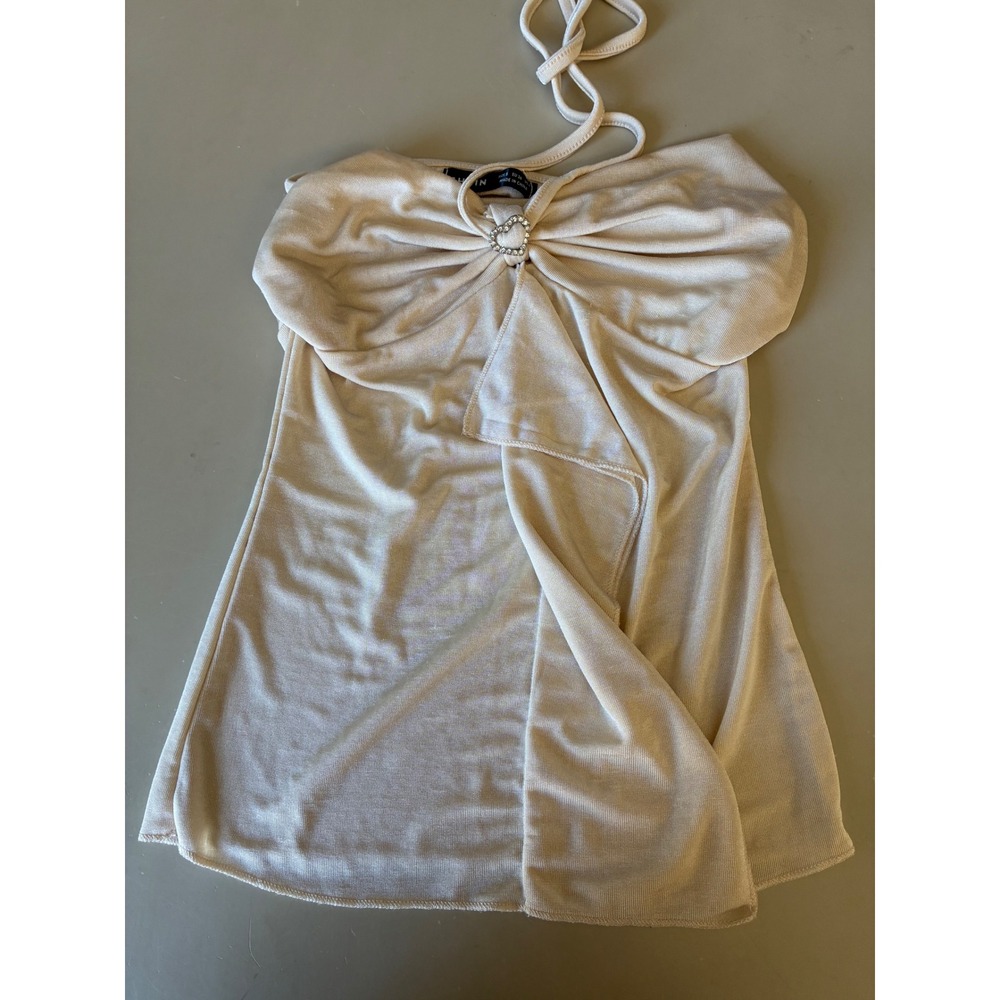 SHEIN Beige Halter Top Rhinestone Heart Buckle Draped Front Champagne Size S